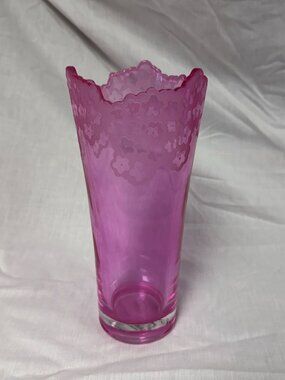 Pink Galway Irish Crystal Vase Scalloped Edge Etched Flowers